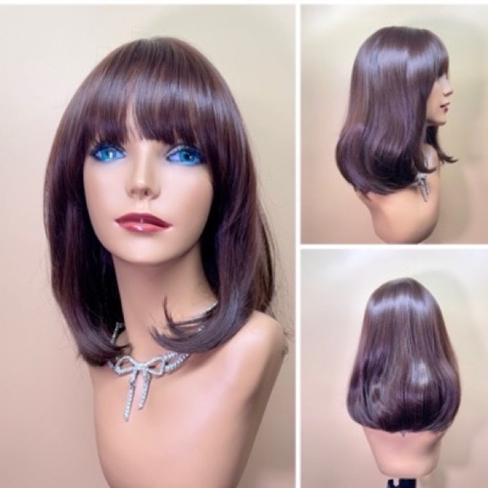 15” inside rolled Chestnut brown bangs should length body wavy synthetic wig